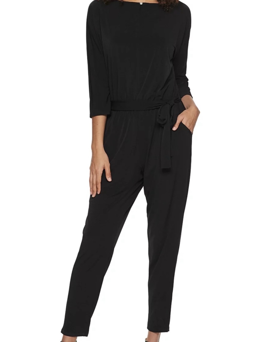 Nina Leonard Black Long Sleeve Jumpsuit with Waist Tie